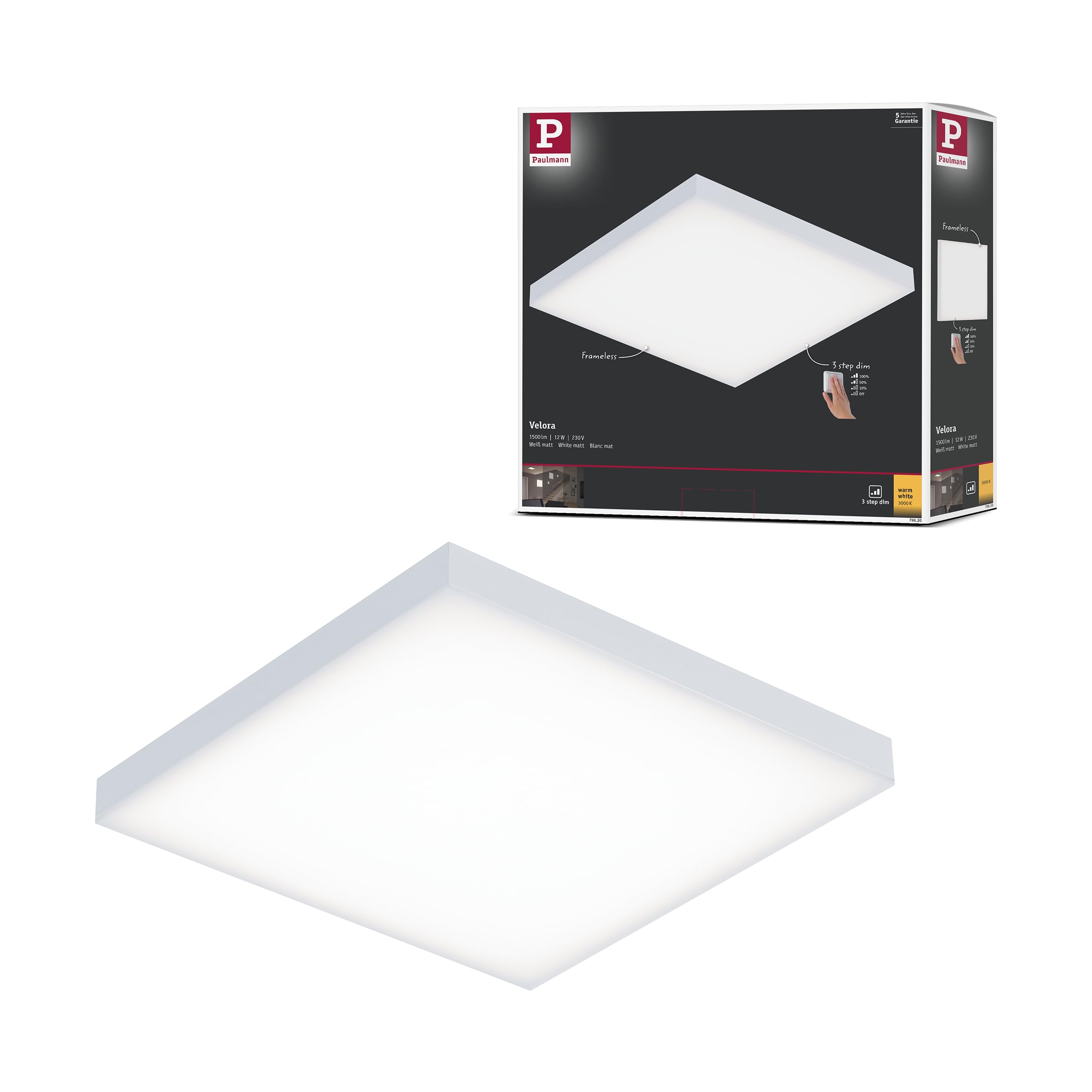Paulmann 79820 LED Panel Velora eckig incl. 1x12 Watt 3-Step-Dim dimmbar Deckenlampe Weiß matt Lichtpanel Metall Deckenlicht 3000 K