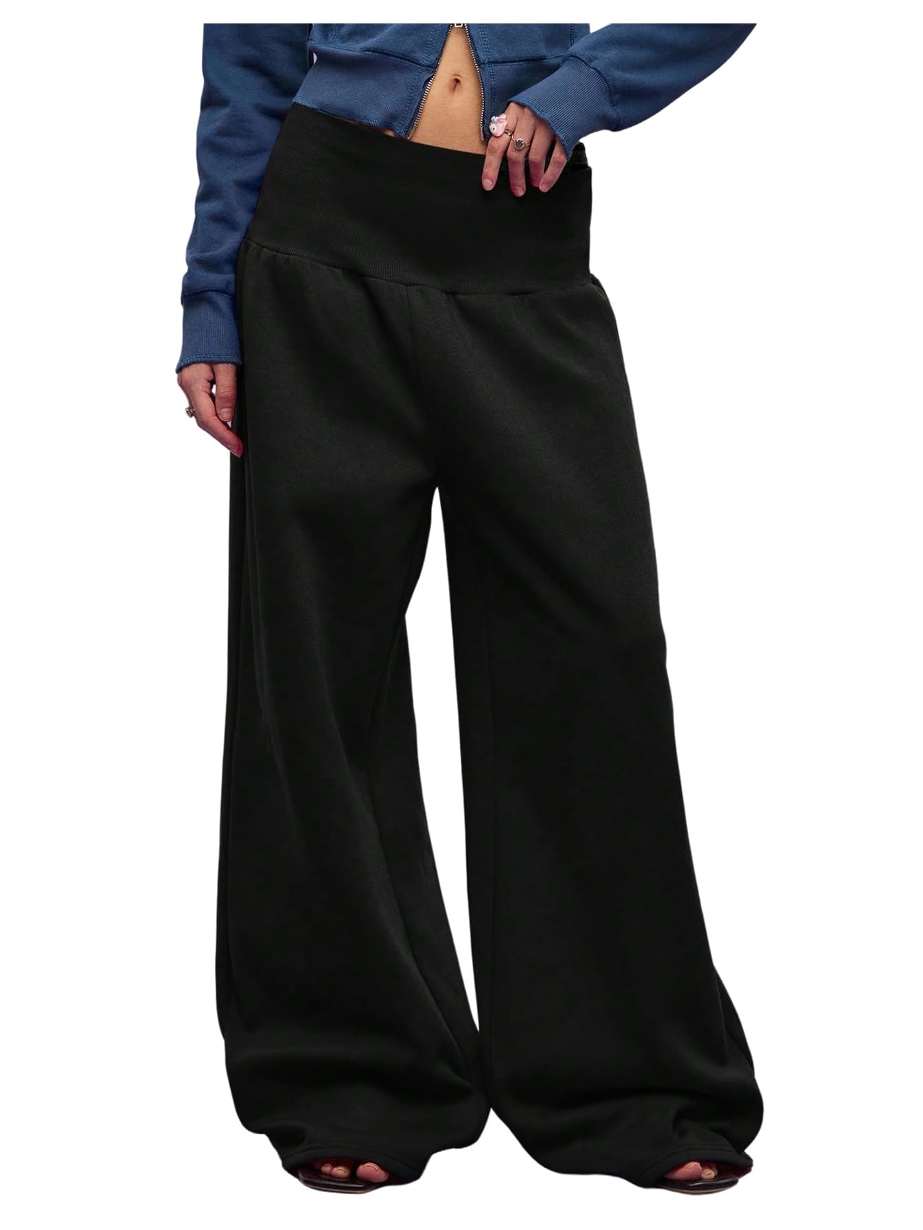 OYOANGLE Womens Y2K Fleece Lined Wide Leg Thermal Pants Elastic High Waist Fashion Palazzo Trousers
