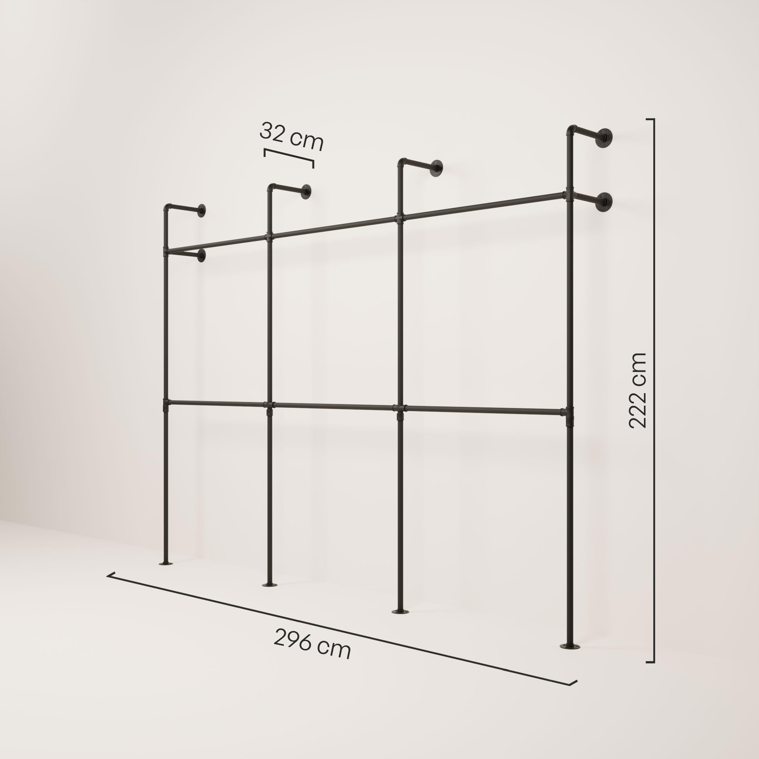 pamo Portant Vêtement Mural Industriel Noir 296x222 cm – Capacité 460 kg | Penderie Murale Métal Style Tuyau – Dressing Ouvert Robuste – Pour Chambre, Entrée ou Boutique