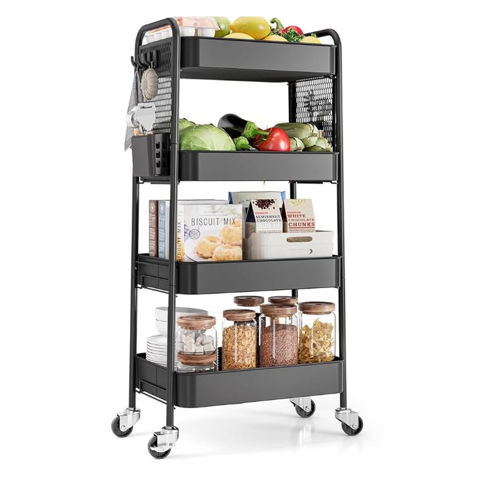 Urackify Carrello portaoggetti con ruote per varie applicazioni, carrello a 4 livelli con pannelli perforati aggiuntivi, vasche a mano e ganci per soggiorno, cucina, bagno, ufficio