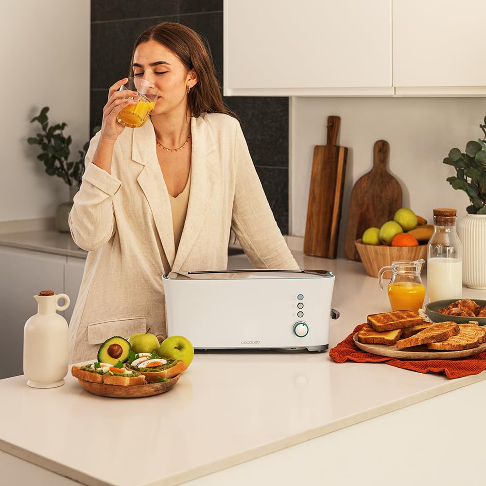Cecotec Toster Toast&Taste Extra W,1000W mocy, Podwójne gniazdo XL dla grubych chlebów, System samocentrujący, 7 pozycji prażenia, Automatyczny wyrzut, Zbieranie okruchów