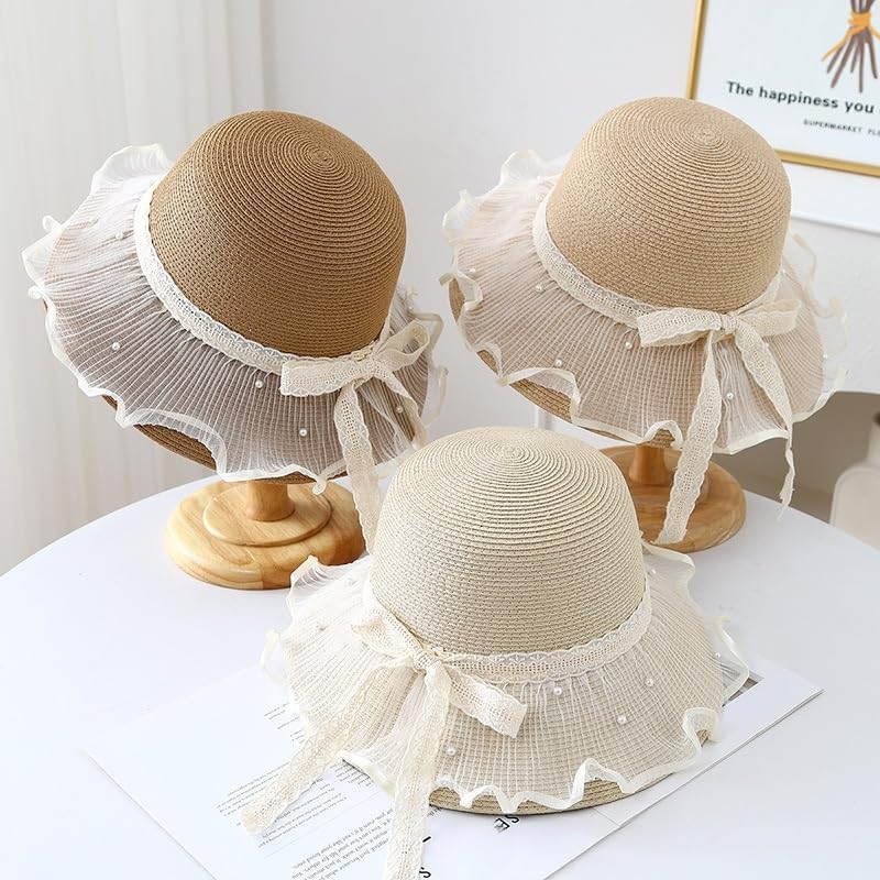 Sombrero de Paja de ala Ancha para Mujer,Plegable y Flexible,con Lazo de Tul Perlado,Transpirable,Resistente A Los Rayos UV,para Playa,para Caminar y Viajar