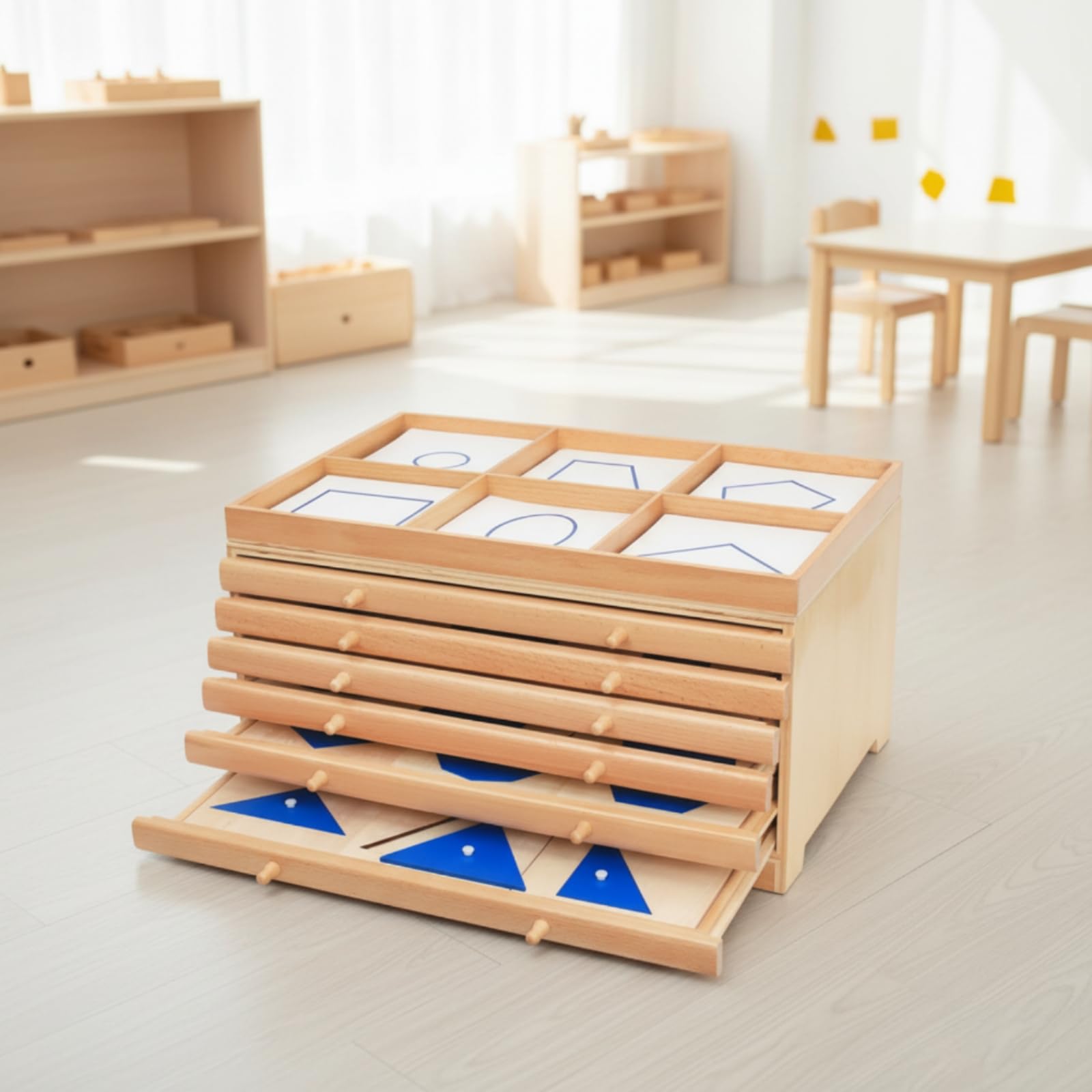 Armadietto delle Forme Geometriche Naturale Mobilino Pedagogico Logico Set di Blocchi di Legno Geometrici per Maestre, Educatori, Asilo Nido