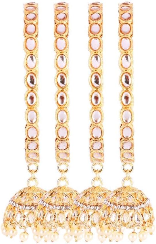 Efulgenz Indian Bangles for Women Bollywood Wedding Party Bracelet Bangles Kundan Crystal Faux Pearl Jhumka Tassel Bracelet Bangle Set Fashion Jewelry for Women (4 Pcs) - Image 7