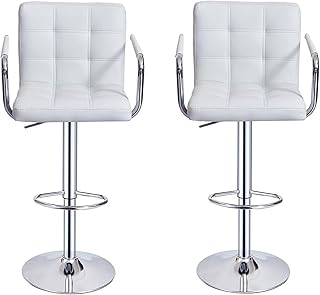 Bar Stools with Armrest, Height Adjustable Cuban Bar Chairs Synthetic Leather 360° Swivel Kitchen Stool with Backrest and Footrest for Breakfast Bar, Counter, Kitchen and Home (Set of 2 Stools, White)