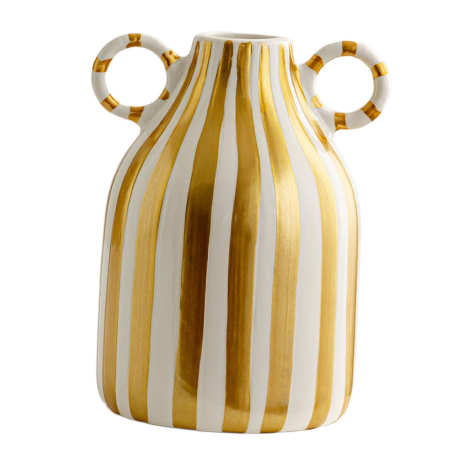 QIXCXAZ Artistic Flower Vase With Handle Stunning Wide Mouth Flowerpot Table Decorations And Arrangements Living Rooms Porcelain Flower Vase Home Decor Table, Gold, 12.5x11x15cm
