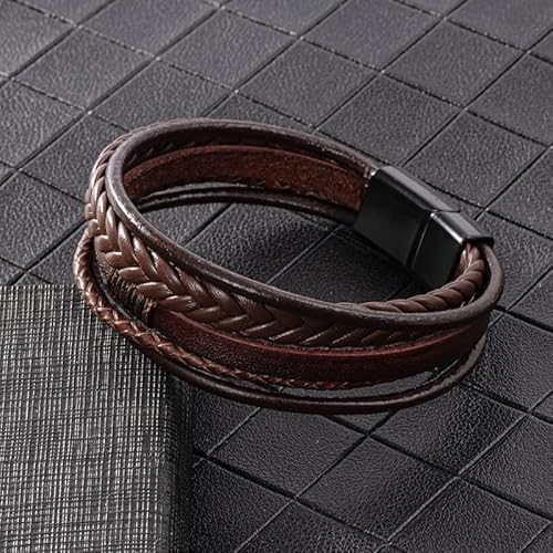 Arcutina Men's Black Leather Multi-Strand Bracelet Casual Brown Braided Bracelet (Brown With Black Clasp, Length 8.3'') #TOP2