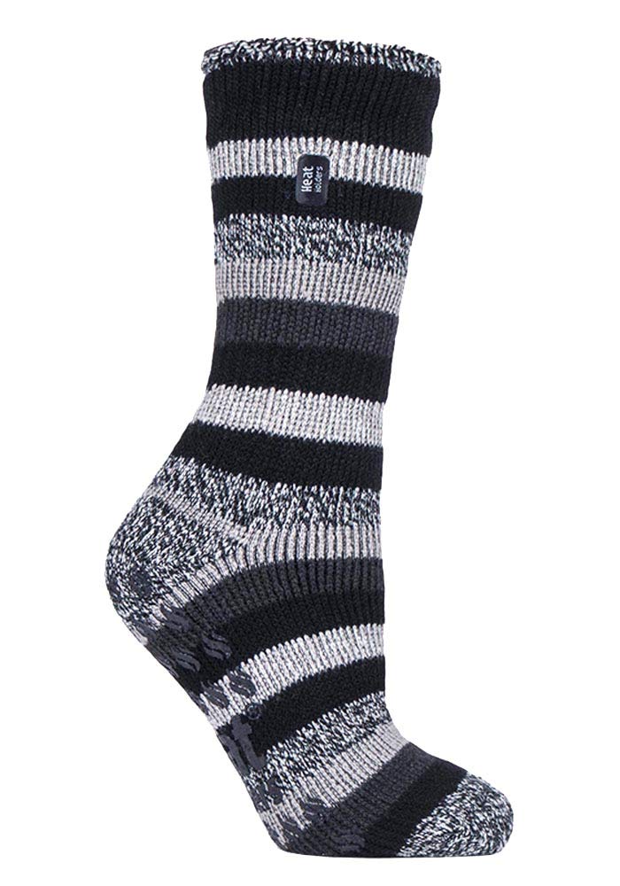 Heat Holders ( Stripe (Juniper)) - Ladies Non Skid Thermal Slipper Socks With Grips Black