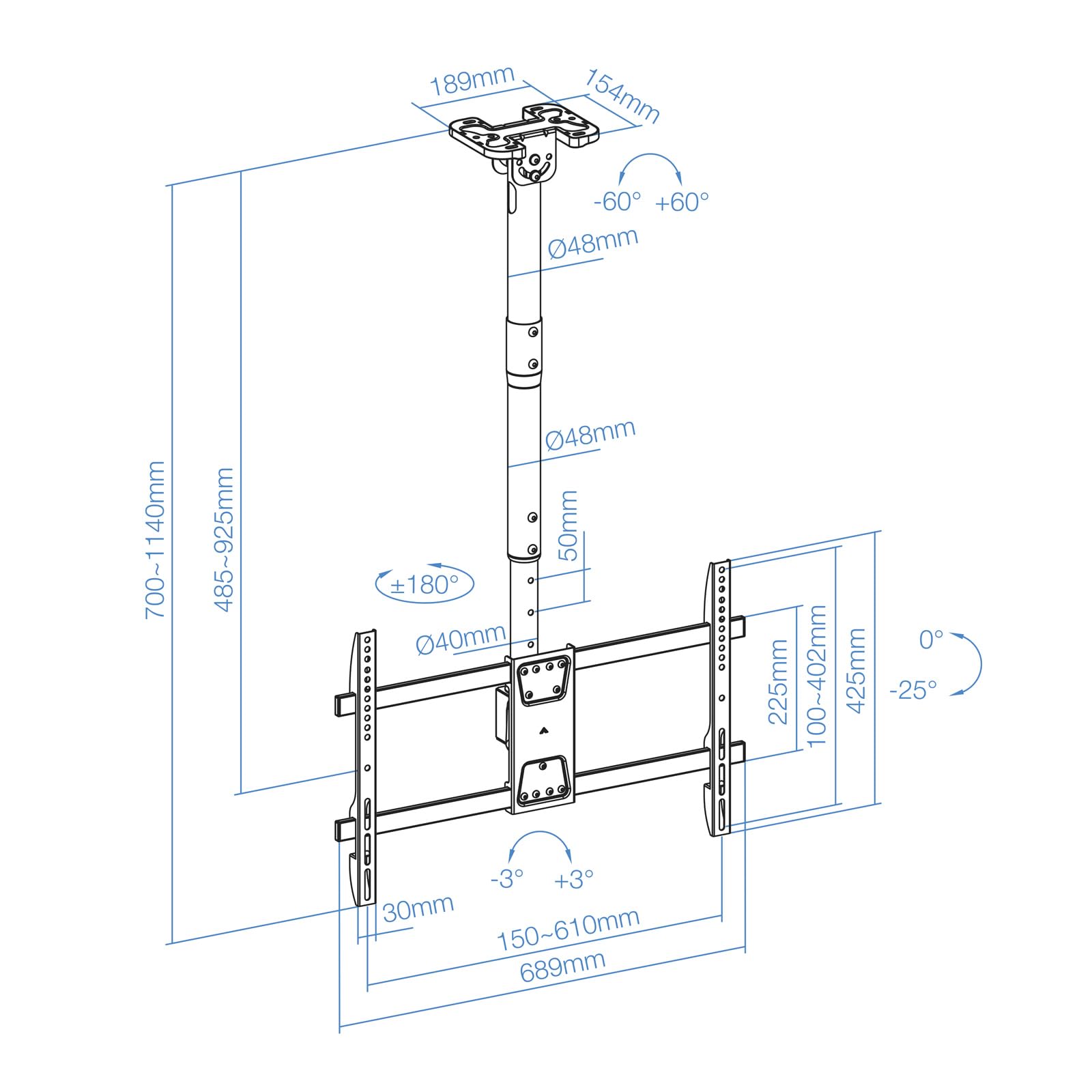 TOOQ LPCE1186TSLI-B - Supporto da soffitto estensibile, inclinabile e girevole per schermi 43"-86", fino a 60 kg di peso, VESA fino a 600x400, colore: nero