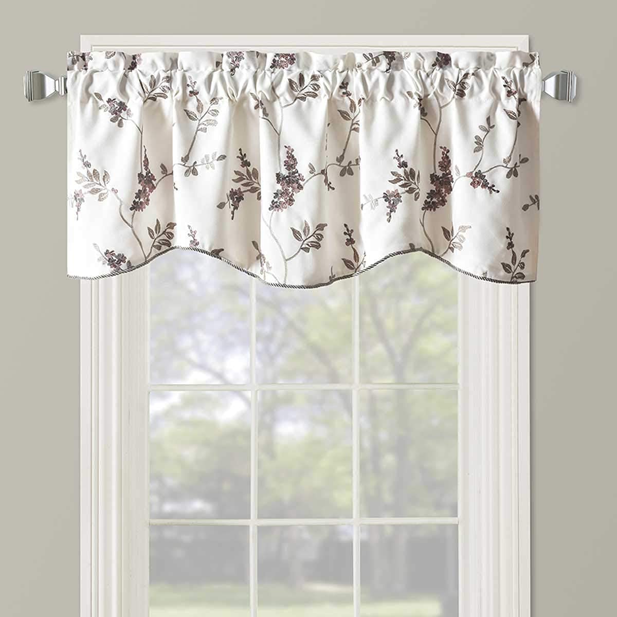 Royal Hotel Bedding Sue Window Valance, Scalloped Decorative Design Floral Embroidered Lined Valance Window Curtain, 52x17 inches, Ecru