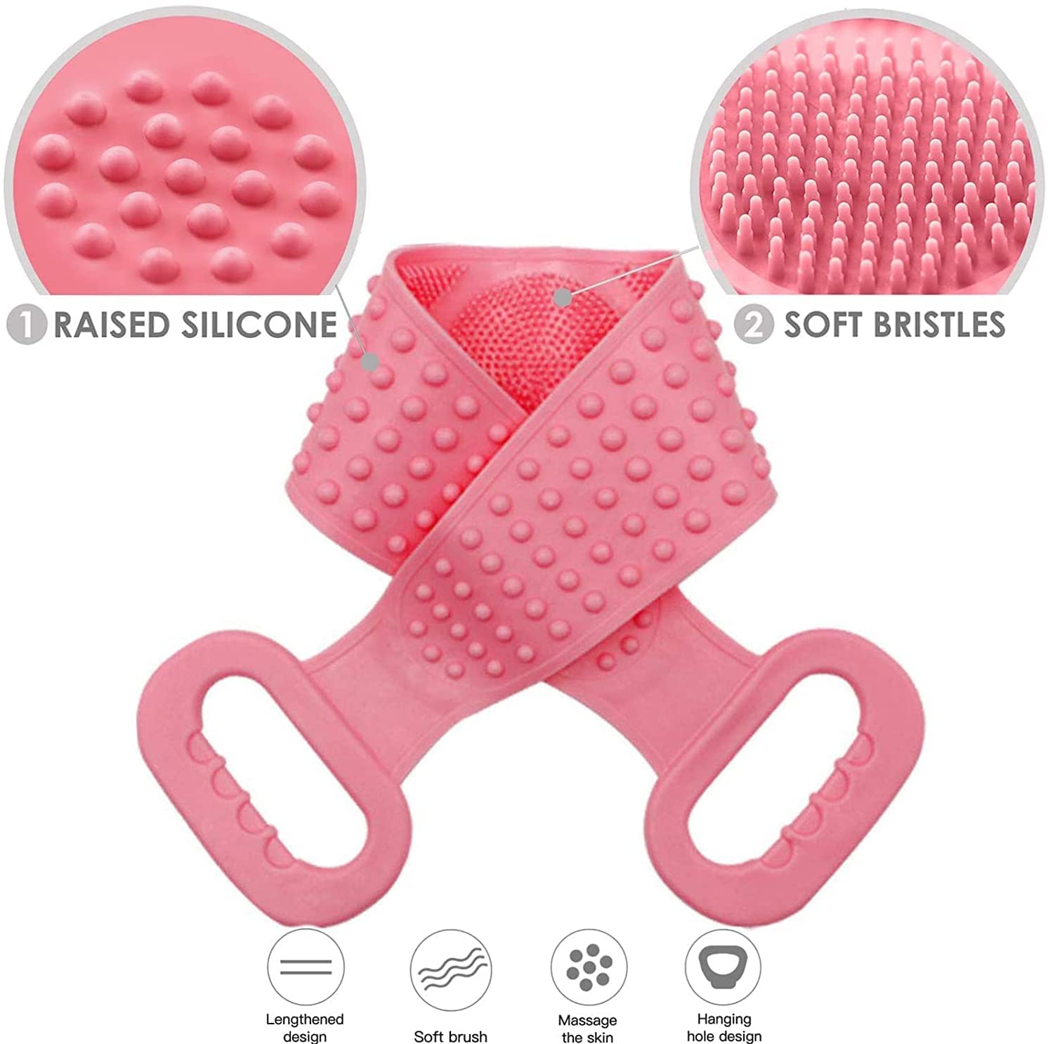 JUZR Silicone Back Scrubber for Shower, JUZR 35.4 inch Bath Body Brush, Double Side Spa Massage Exfoliating Back Brush Belt Scrubbing Pad - Multi 2