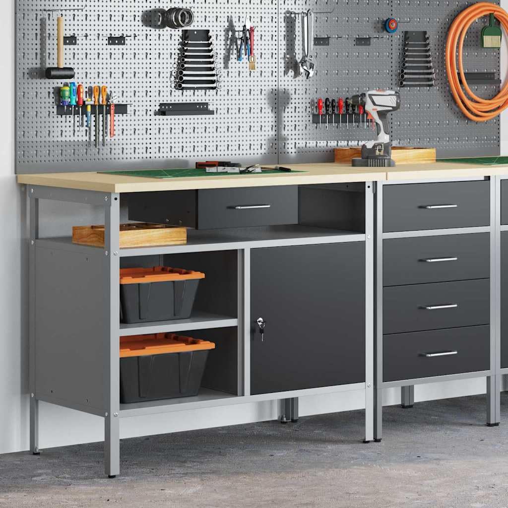 vidaXL Banco da lavoro con cassetto Nero e Grigio 100 x 55 x 85 cm, Tavolo da lavoro, banco industriale, spazio riparazione, deposito attrezzi, officina multiuso