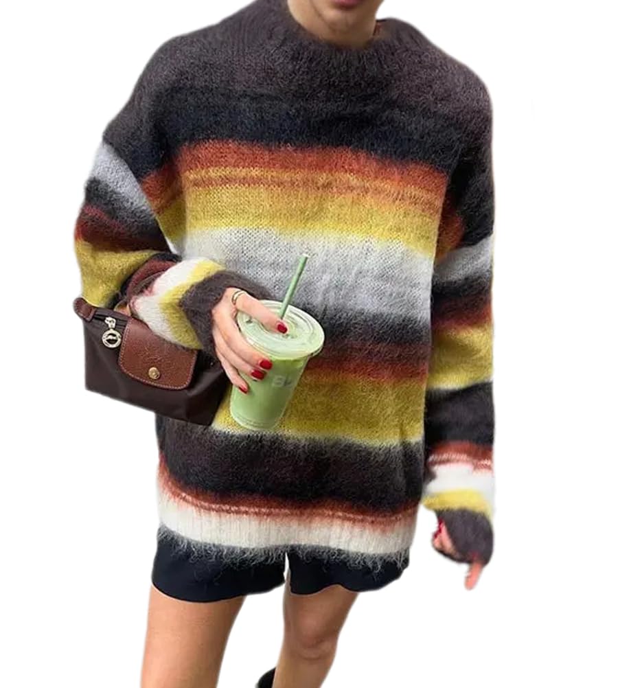 Women Fuzzy Colorful Striped Sweater Casual Loose Round Neck Warm Knit Pullover Sweaters Tops