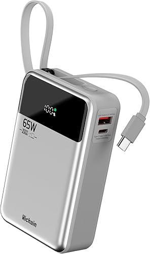 Hichain Banco de energía para portátil de 65 W, 20000 mAh, cargador portátil con cable USB-C integrado, paquete de batería de carga rápida de 3