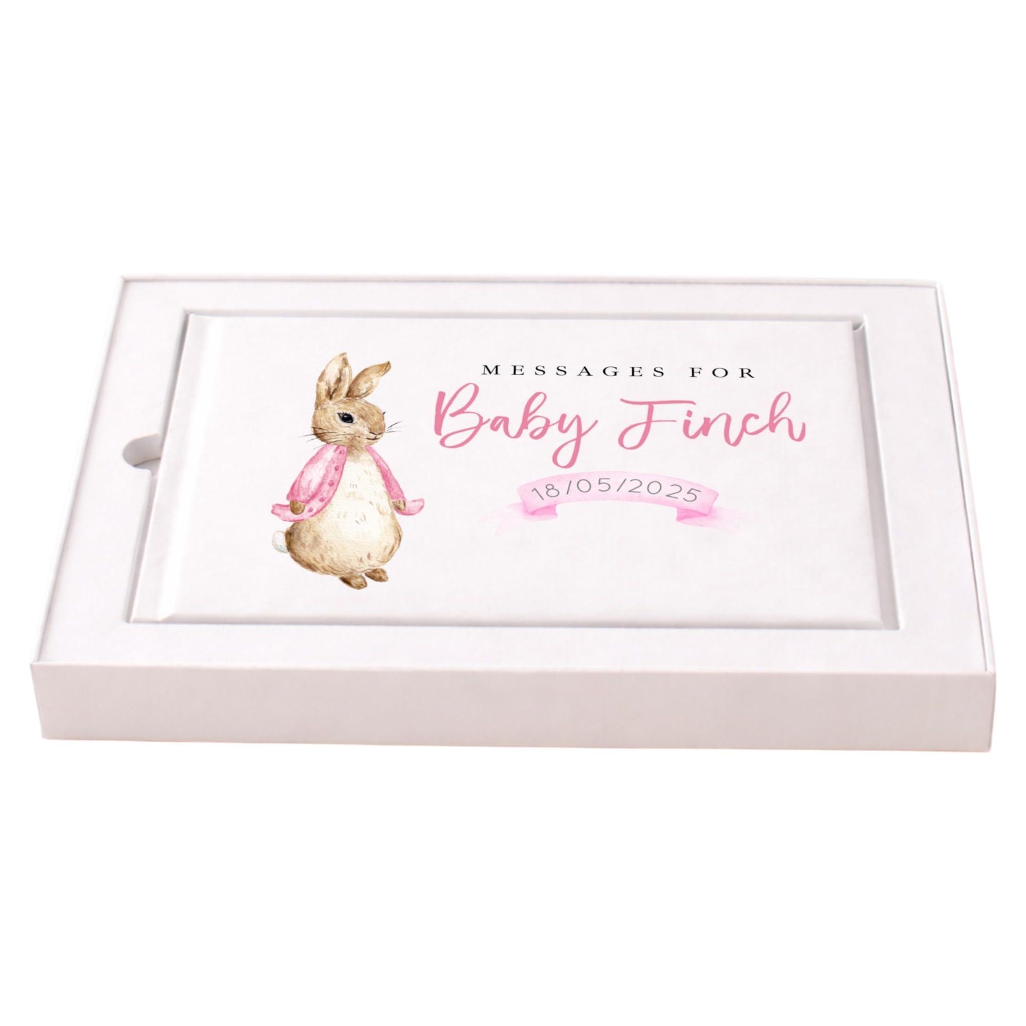 Personalised Pink Bunny Baby Shower Guest Book, White, optional A4 Sign, 23x17.5cm Book, 80 Pages, Keepsake Memory Collection Girls Rabbit (Guest Book: Boxed)