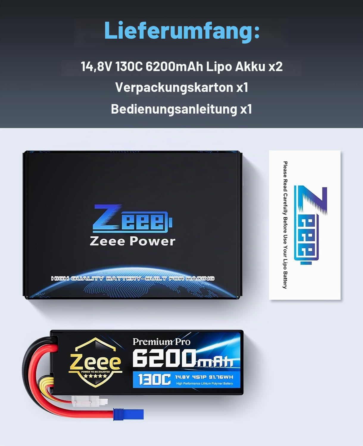 Zeee 4S Lipo 6200mAh 14,8V 130C Premium Pro RC-Akku mit EC5 Stecker(2 STK)