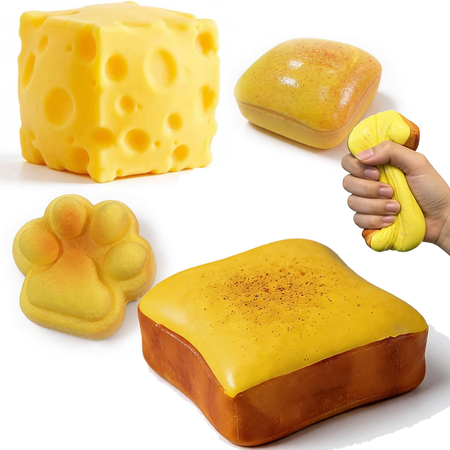 4-Piece Bakery Squishy Toys Set, Slow-Rising Butter Squishies, Toast & Cat Paw Bread, Soft PU Foam Squeeze Toys for Stress Relief, Fidget Fun, Parties, Desk Relaxation, Great Gifts for All Ages