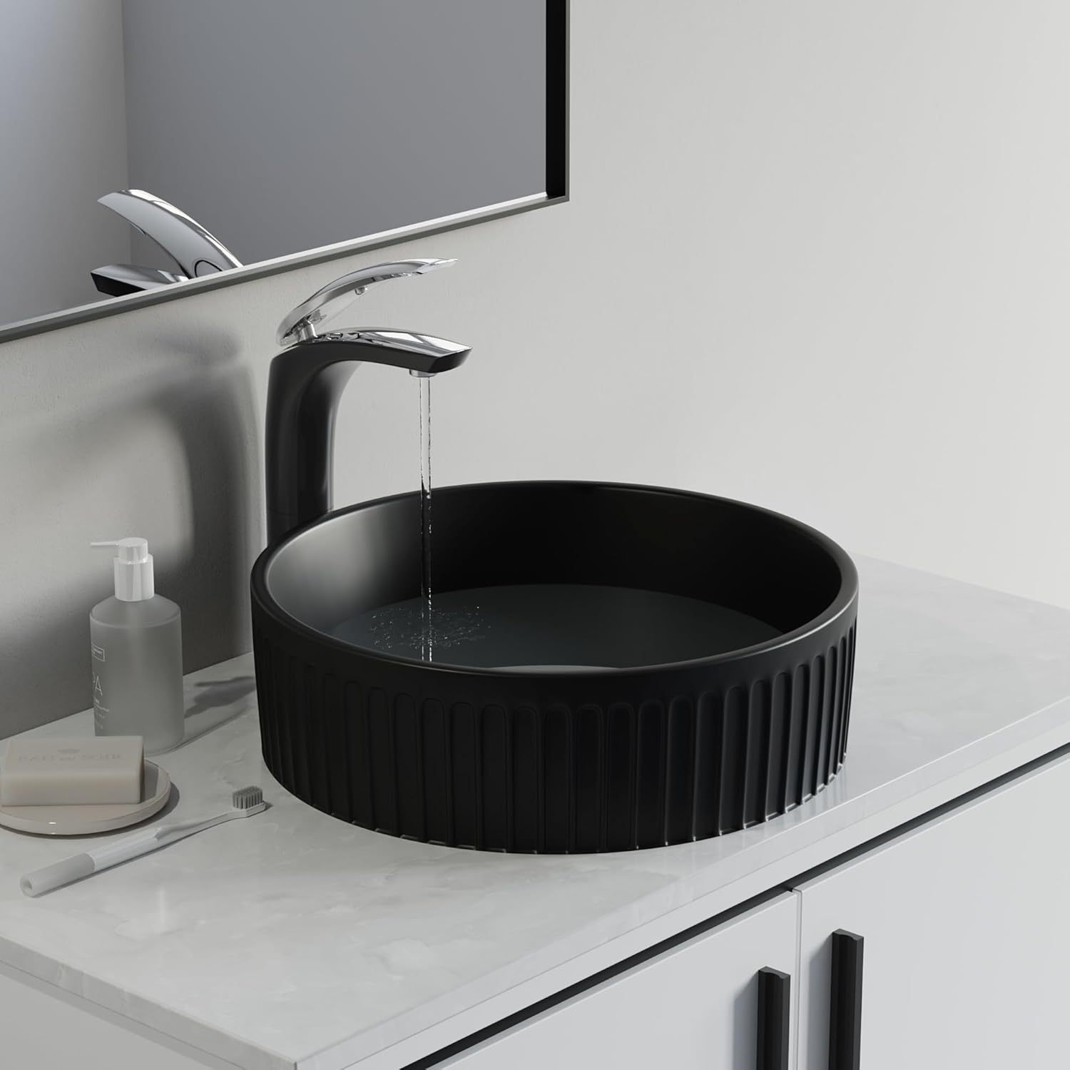Dowell Bathroom Vessel Sink,Ceramic Vessel Wash,Bowl, Round Ceramic Countertop Modern Basin, Black Fluted Design Bowl Sink for Bathroom-6004 1616 10F (16x16 Round/Black)
