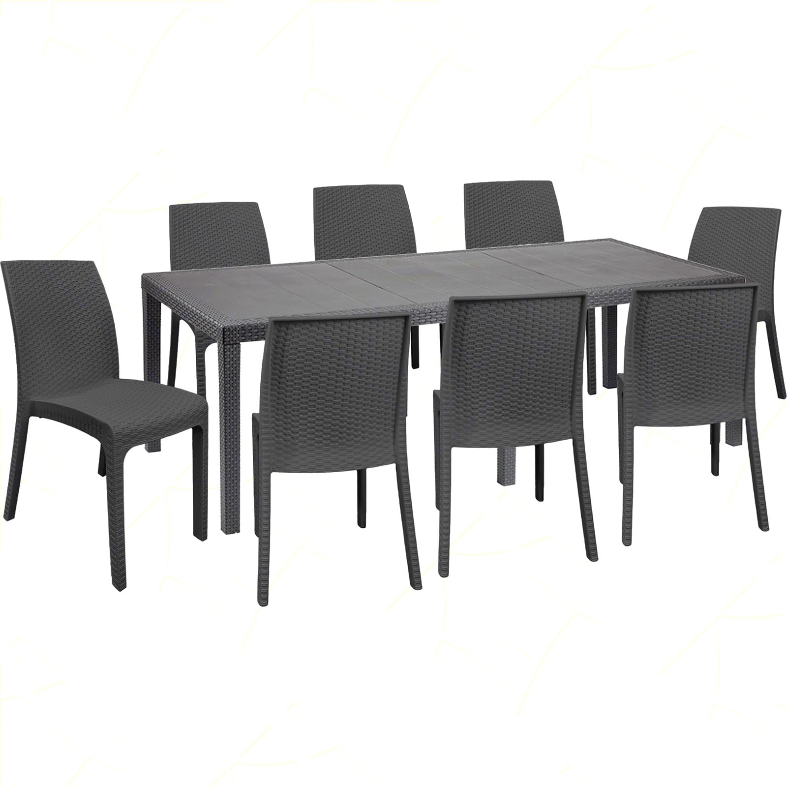 Sicignano | Set 8 Sedie con Tavolo Rettangolare Rattan 220x90 cm, Completo Scuro – Impilabile, Resistente agli UV, Antiscivolo, Arredo Interno Esterno Bar Giardino Terrazzo, Made in Italy