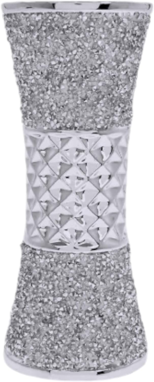 Crushed Diamond Sparkle Vase, Silver Ceramic Floral Sculpture, 25cm, Glittering Mirrored Centrepiece (Silver, 19cm)