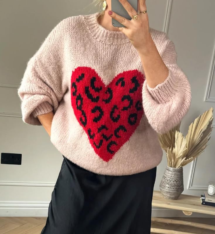 Image of Women Heart Print Knit Pullover Sweater Long Sleeve Round Neck Love Pattern Sweaters Trendy Valentine Knitted Sweater
