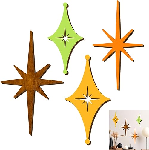 4 calcomanías de pared de estrellas de madera, coloridas calcomanías de pared con forma de estrella de mediados de siglo, decoración moderna retro