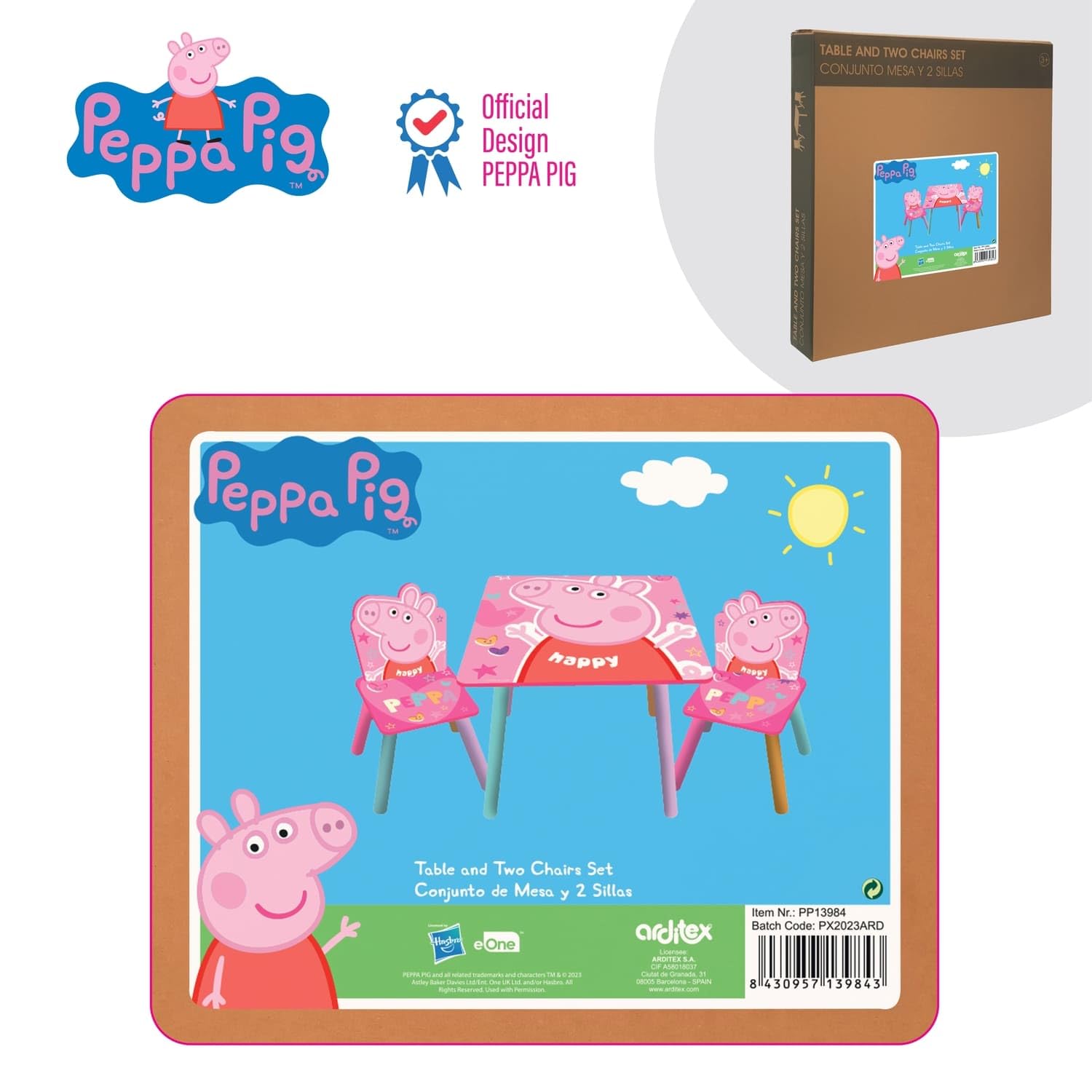 ARDITEX - Set Tavolo e 2 Sedie in Legno per Bambini Licenza Ufficiale Peppa Pig - Tavolo 50x50x44 cm/Sedia 26,5x26,5x50 cm - Rosa Arcobaleno - Ideale per giocare, disegnare e fare lavoretti