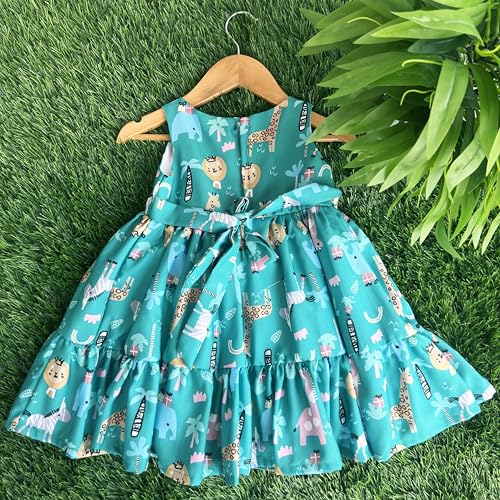 Image of Stanwells Kids Baby Girls Off-White Animal Print Cotton Rayon Knee-Length Frock | Sleeveless Summer Dress with Lion Print & Flared Back Zipper (6 Months-7 Years)