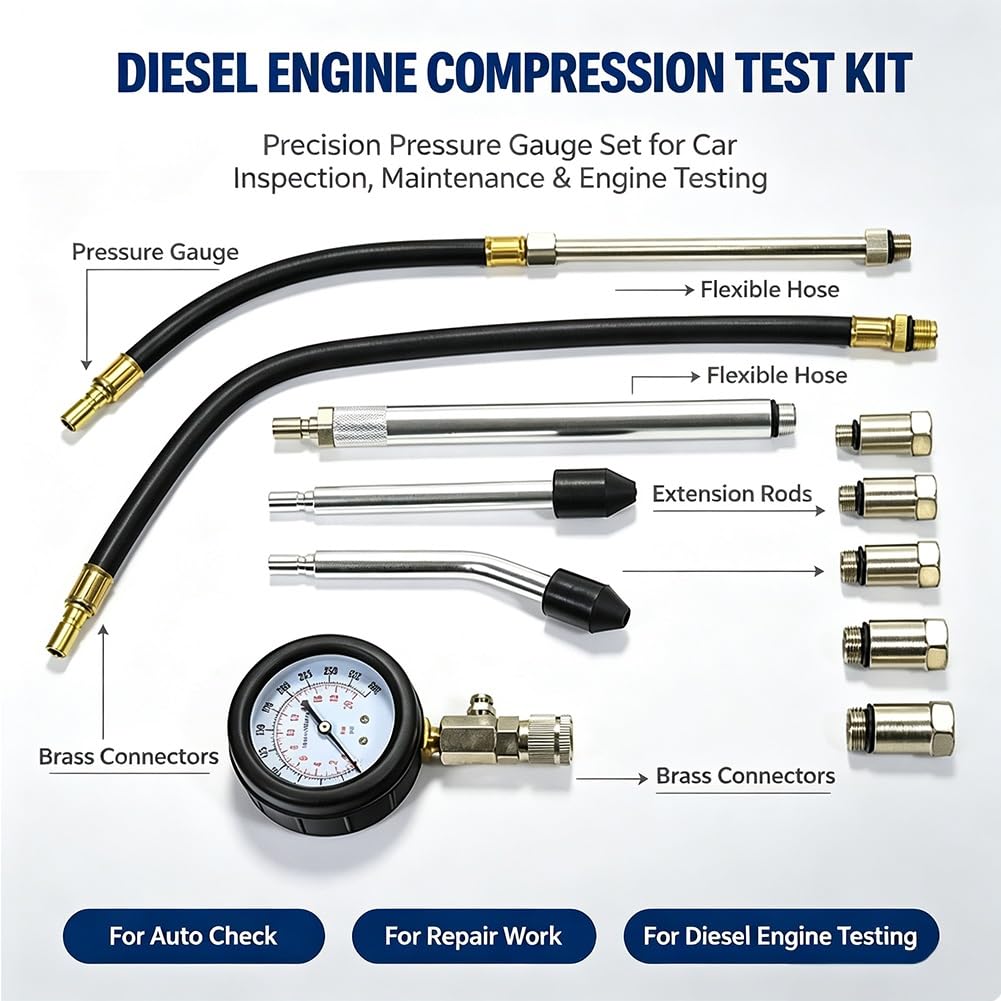 Tester di Compressione Gasolio, 11pcs Manometri Compressione Motori Benzina | Per Motori Diesel e Benzina con Adattatore per La Maggior Parte dei Motori di Auto, Camion, Agricoli e Marini