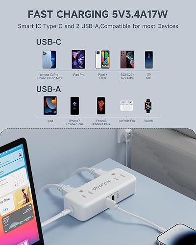 Miniatura 5 de Tira de alimentación de enchufe plano de 2 clavijas, cable de extensión de 2 clavijas de 1875 W con enchufe plano giratorio de 180, adaptador de