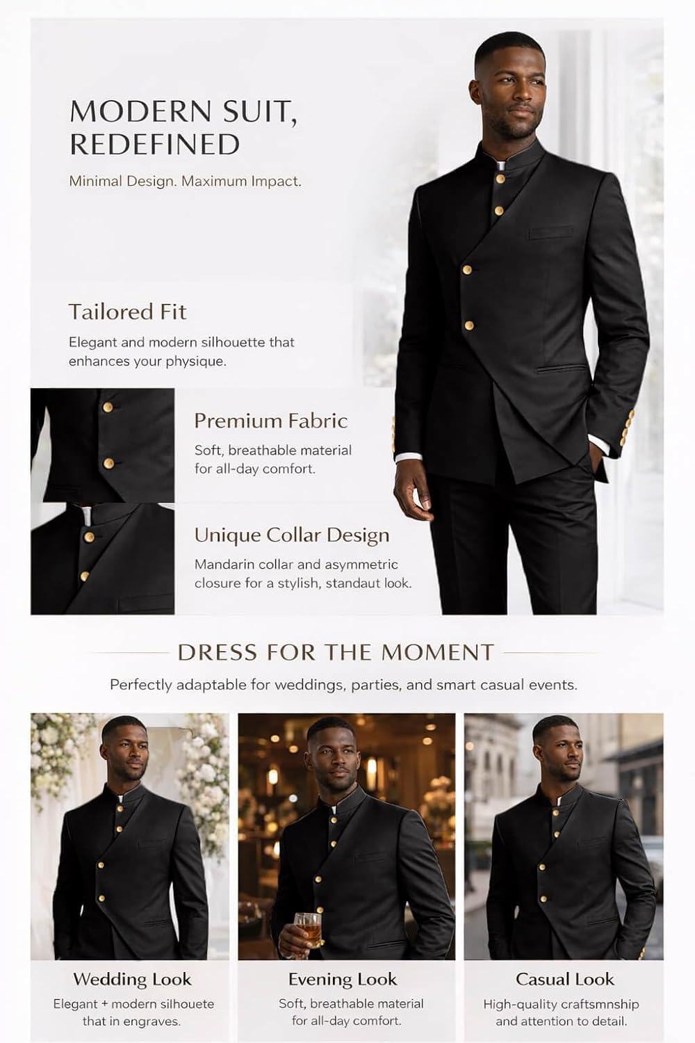 Men's Mandarin Collar Suit Jacket - Slim Fit Double Breasted Blazer with Gold Button, Formal Wedding & Party Wear