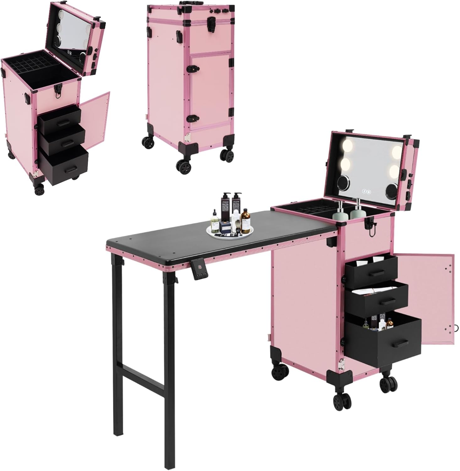Lockable Rolling Manicure Table, Portable Nail Table with Drawers and Wheels, 110.23lbs Load-Bearing Capacity Travel Nail Desk for Makeup Workstation Mobile and Nail Tech(Pink