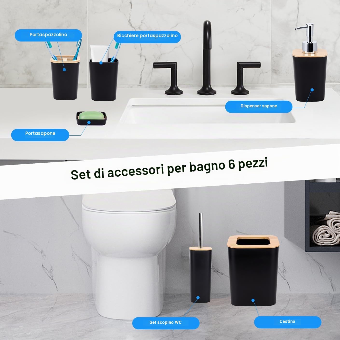 Set Bagno Accessori Completo - 6 Pezzi Set Accessori Bagno in bambù, set con bottiglie per lozione, portaspazzolino, tazza da denti, portasapone, spazzolino, cestino