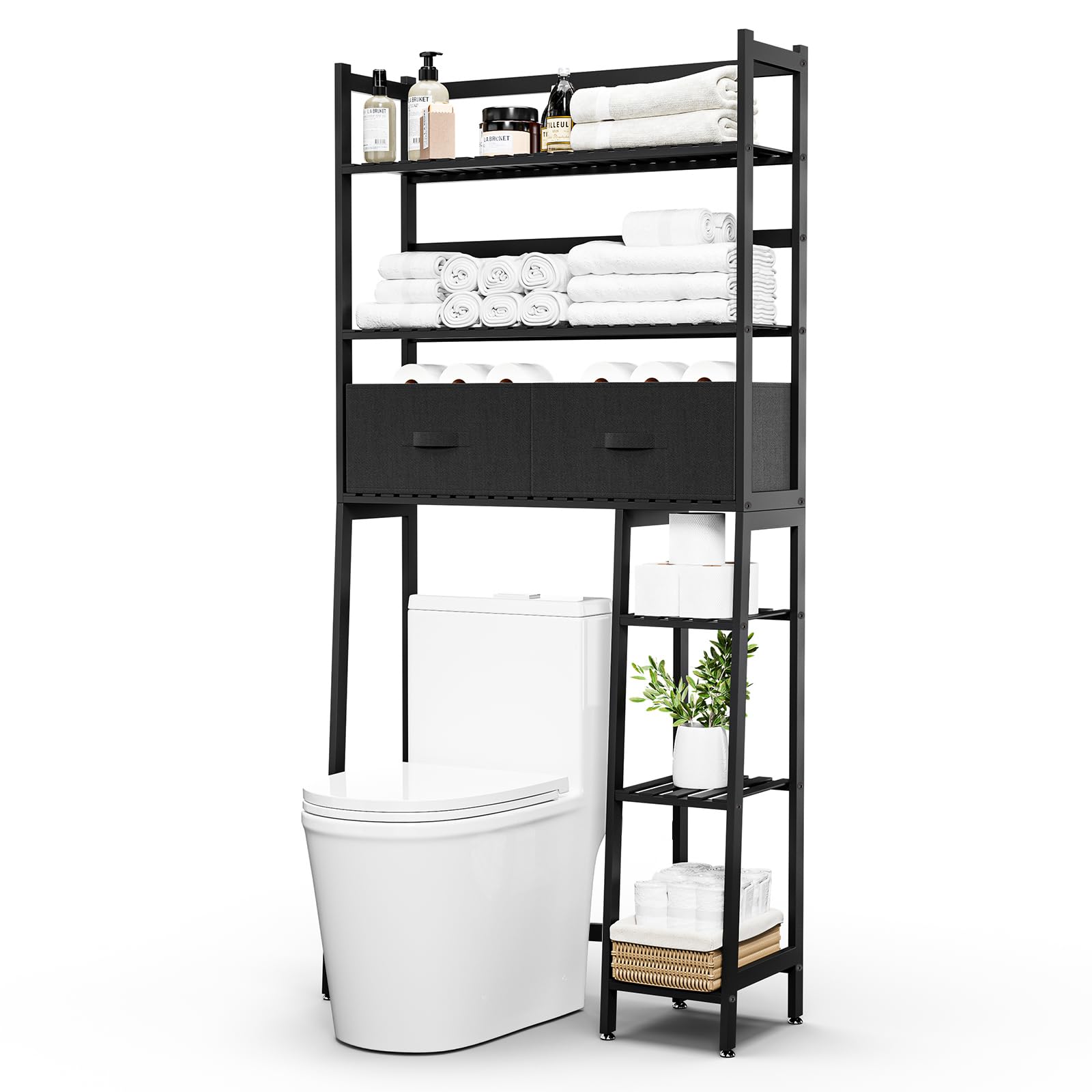 Photo 1 of Hitogo Over The Toilet Storage Shelf - Bamboo Bathroom Organizer with Basket Drawer, and Adjustable Shelf, Waterproof Feet Pad - Space Saver Storage Rack for Restroom and Laundry (Black)