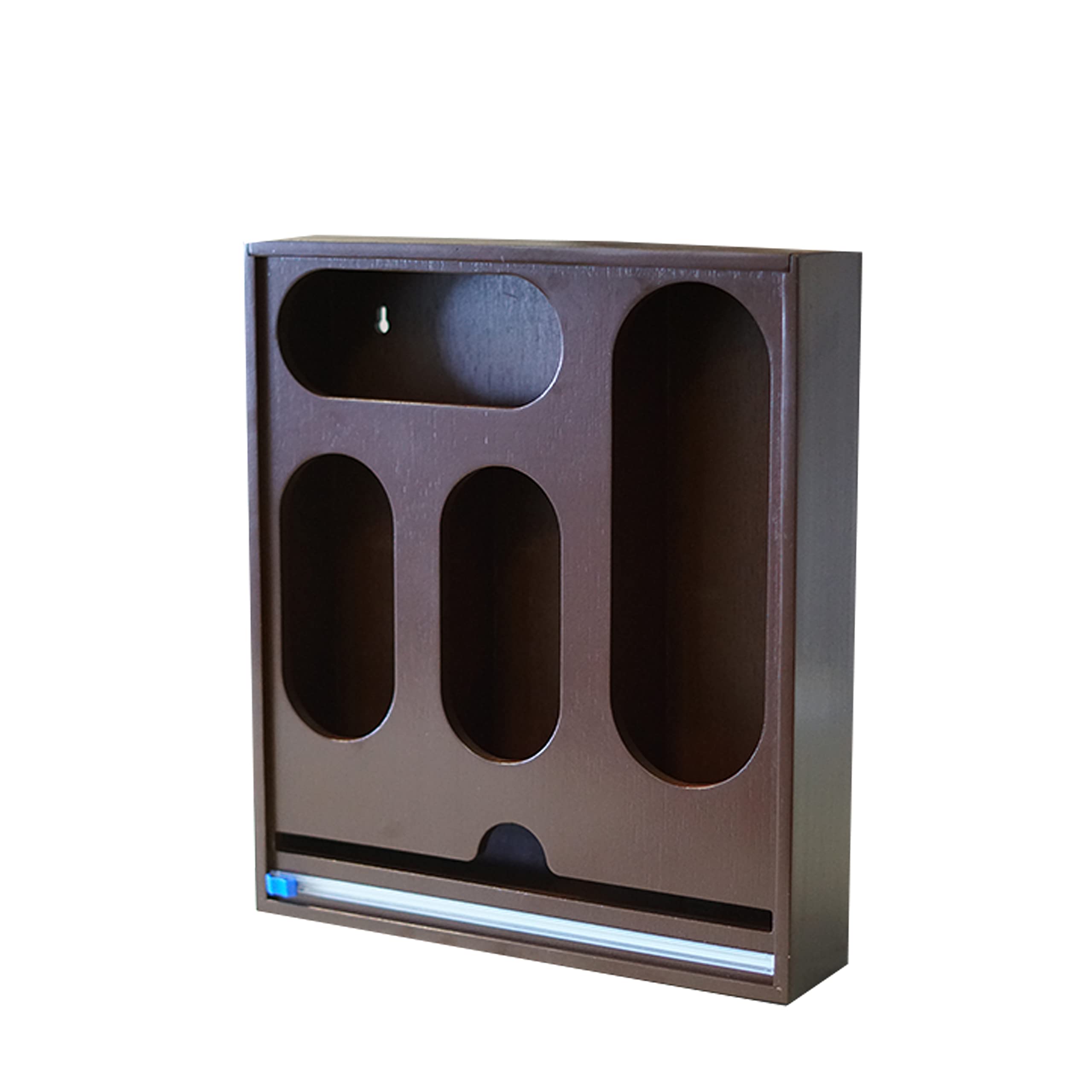 Storage organizer for ziplock bags. Bamboo Box, with foil cutter to dispense. 4 slots for ziploc bags. Gadget to Brown medium-large