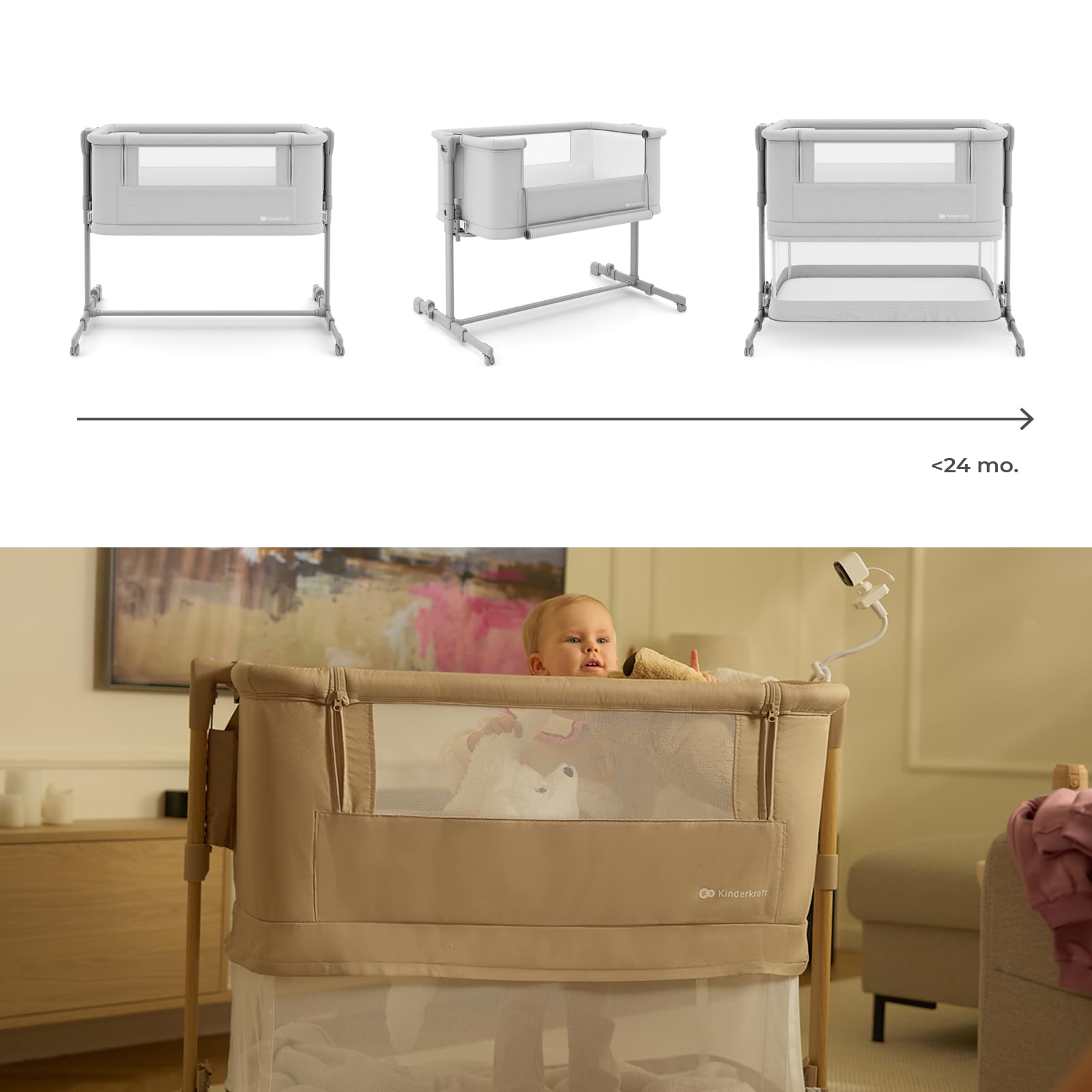 Kinderkraft NESTEE GROW 2 lettino da affiancare 3 in 1, lettino per neonato e letto per bambino, 5 livelli di altezza, materasso incluso, ruote con blocco, pieghevole, Grigio Chiaro