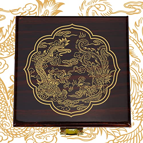 Manchda Mechanical Roman Numerals Dial Skeleton Pocket Watches With Brown Wooden Pocket Watch Finish Stain Box Dragon Phoenix And Chains For Mens Women (1.Black Blue) #TOP3