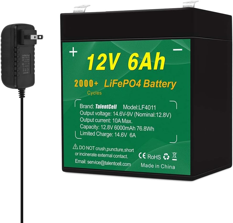 Talentcell 12V 6Ah LiFePO4 Battery Pack LF4011, 2000 Cycles Rechargeable 12.8V 76.8Wh Lithium Iron Phosphate Battery for LED Strip, Camping, Fish Finder, Security System, Ride Toys, Small Backup UPS