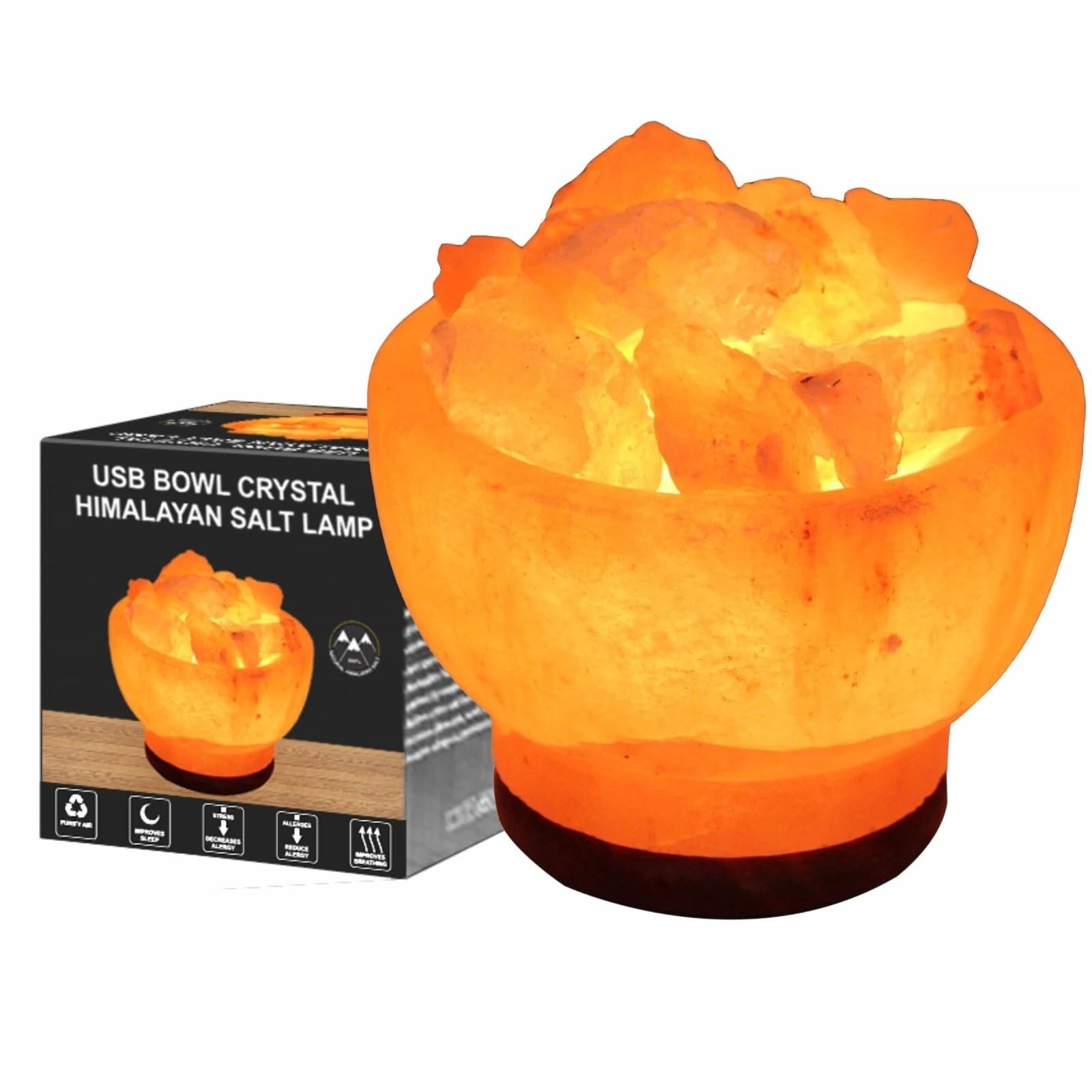 Onex Orange,Pink Himalayan Salt Lamp – Usb Crystal Night Light With Wooden Base, Natural Rock Lamp For Sleep, Breathing, Home Décor, Desk Or Bedroom (Bowl Design)