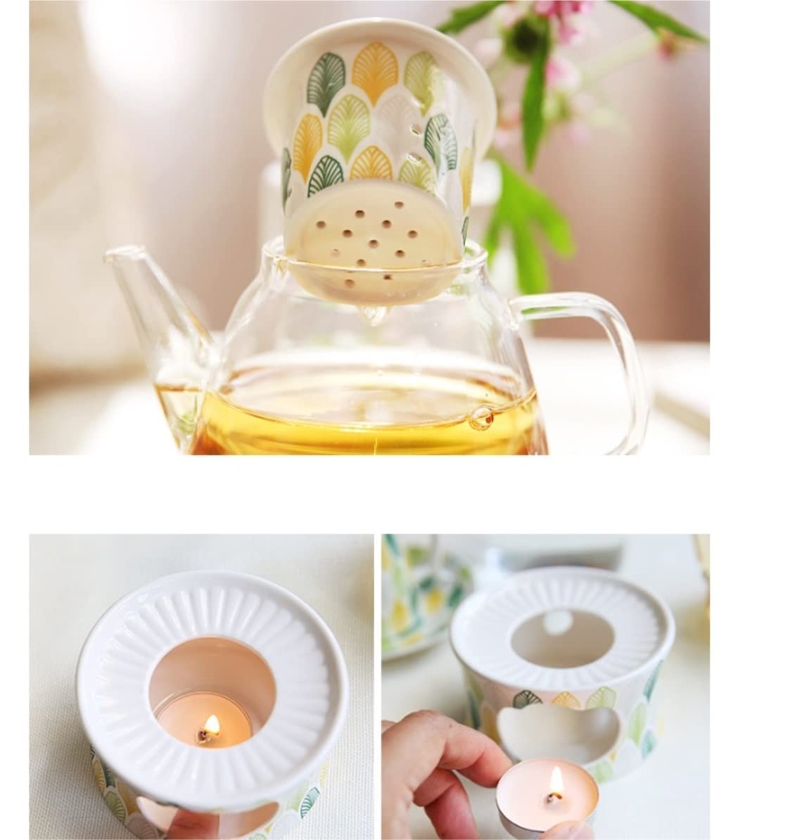 Zestaw do Herbaty Urodziny 6-częściowy Ceramiczny Zestaw Do Herbaty Europejskie Popołudniowe Filiżanki I Spodki Z Podgrzewaczem Świec Porcelanowy Kwiatowej Ukończenie