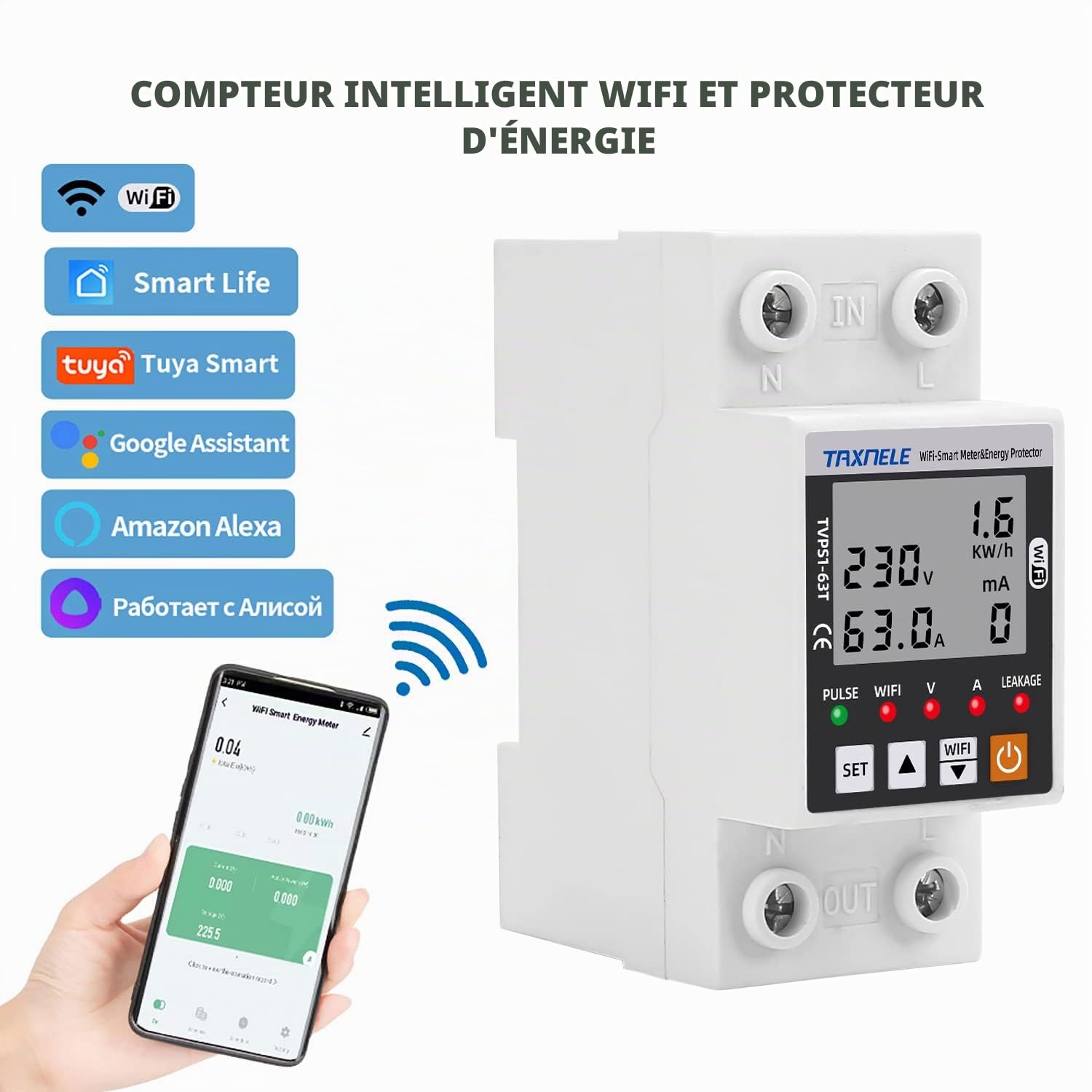 Compteur d'énergie intelligent Wi-Fi CA 63A 80-300V Protection contre les fuites de terre intelligentes de sous-tension Relais Dispositif Interrupteur Énergie 230V Smart Life APP (Noir)