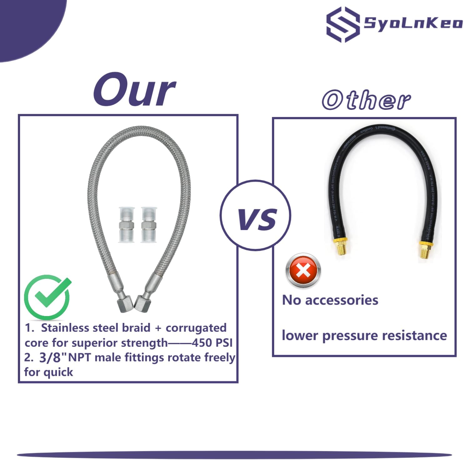 Industrial-Grade Stainless Steel 3/8" Compressor Jumper Hose, 3/8" NPT male,20" Length,750°F，450 PSI,Both Sides Fittings Rotate Freely