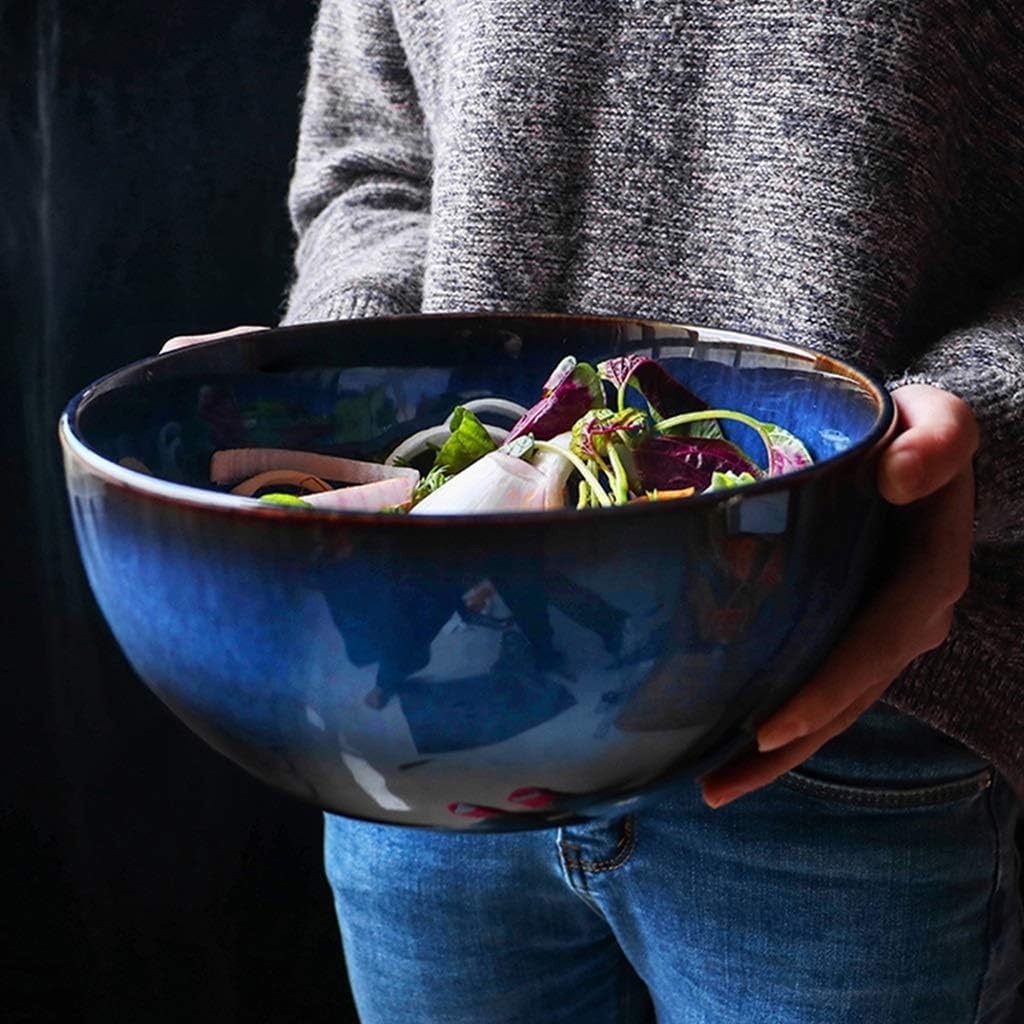 Ensaladera grande de cerámica japonesa, cuencos de sopa azules únicos, vajilla decorativa, cuencos de fideos, cuencos de frutas, hecho a mano para cocina asiática, vajilla de comedor