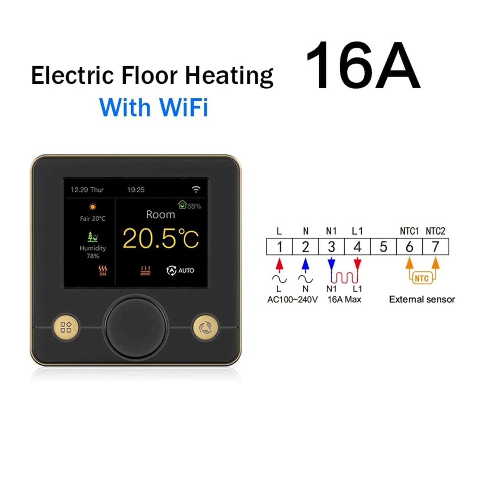 Inteligentny termostat, Inteligentny termostat pokojowy Tuya do ogrzewania podłogowego Programowalny cyfrowy regulator temperatury(R7C.716 Black)