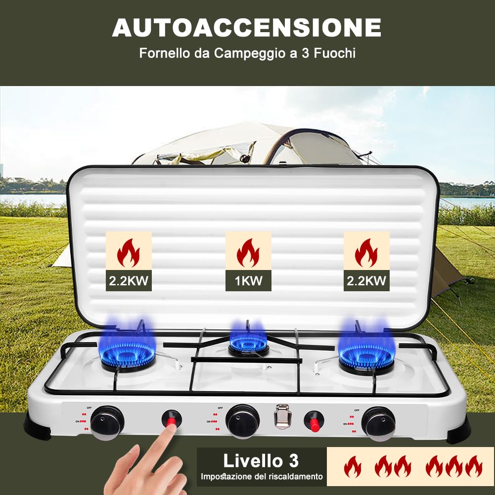 Fornello da Campeggio a Gas 3 Fuochi, 5,4 kW Cucina a Gas-GPL Portatile con Accensione Piezoelettrica, Coperchio Antivento, Fornelli da Campeggio per Camper, Gite all'Aperto ed Escursioni