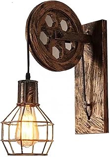 Industrial Vintage Wall Sconce with Pulley, Retro Wooden Metal Lantern Lamp for Bedroom, Bathroom, Living Room, Hallway