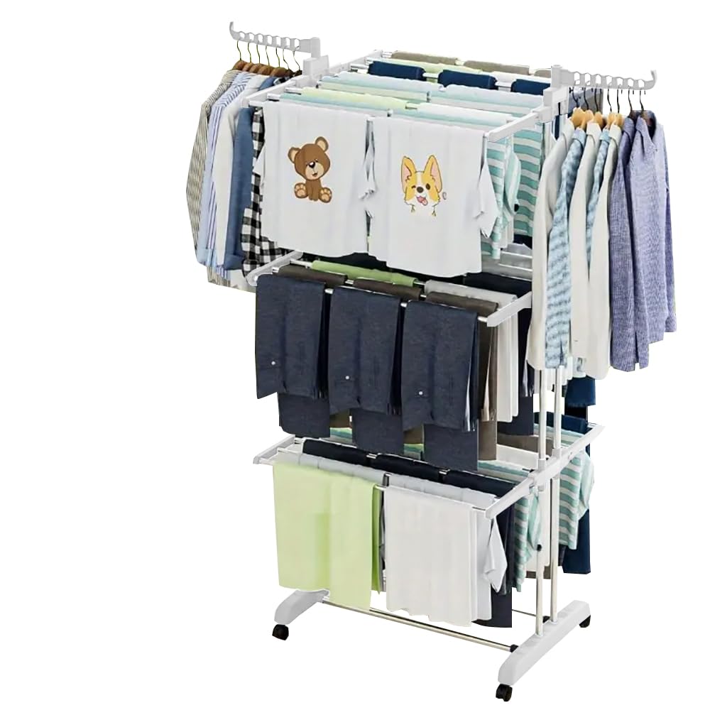 Neo White 4 Tier Clothes Horse Drying Rack Folding Side Wings Rail Stainless Steel Stand Laundry Garment (White)