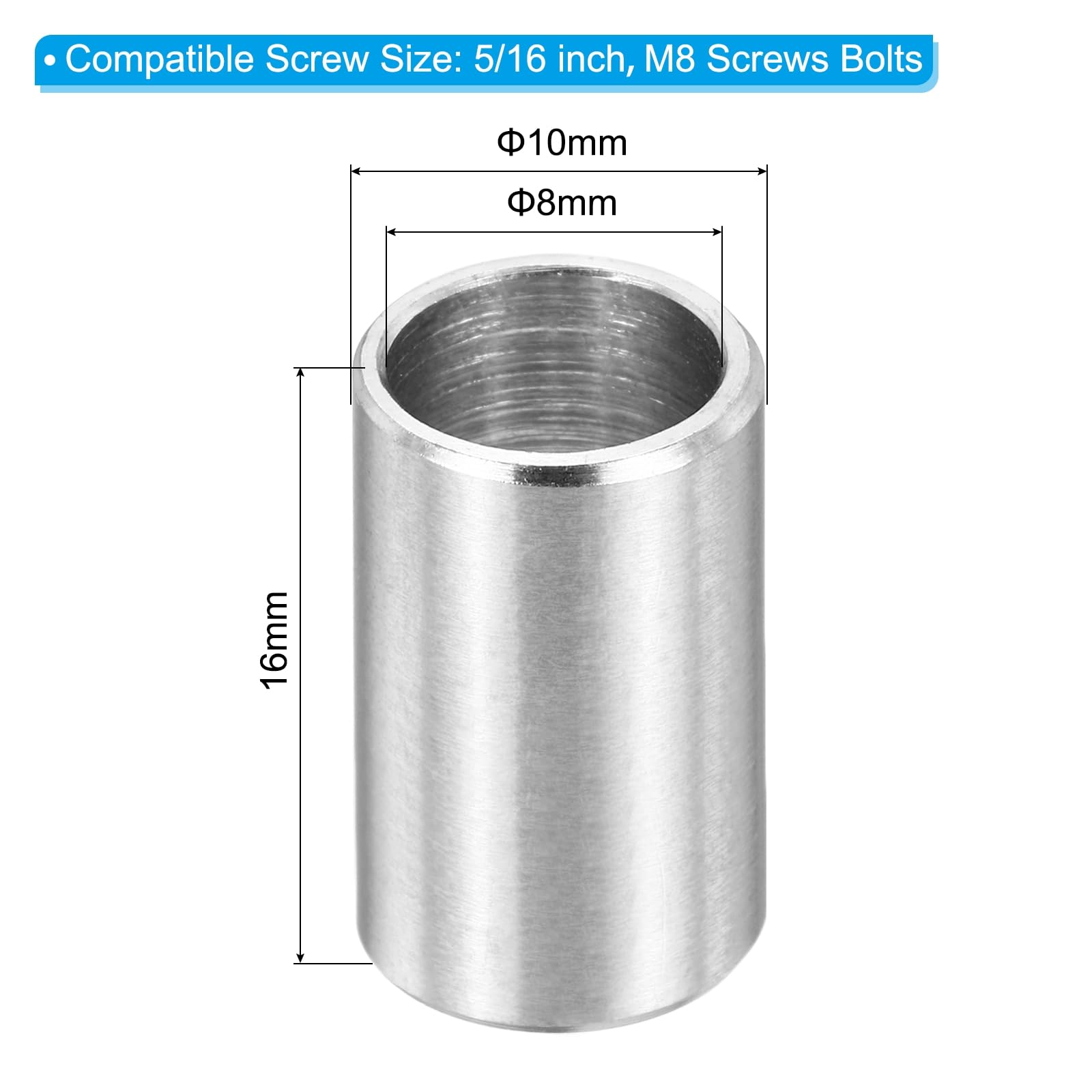PATIKIL M8 Stainless Steel Spacers, 12Pcs Metal Spacer 8mm ID x 10mm OD x 16mm L Screw Standoff for 5/16" or M8 Screw - Image 2