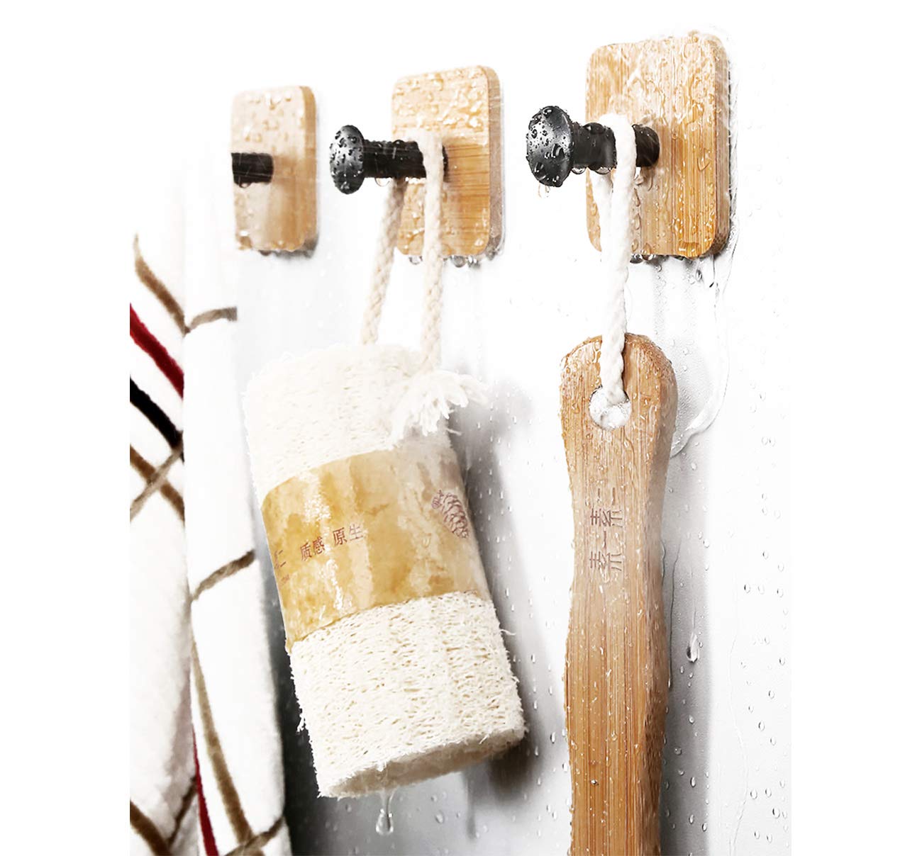 Wooden Wall Coat Towel Key Door Hooks for Clothes Self Adhesive Wood Shower Curtain Peg Ornament Decorative Hook (2 Pack of Square Black Hooks)