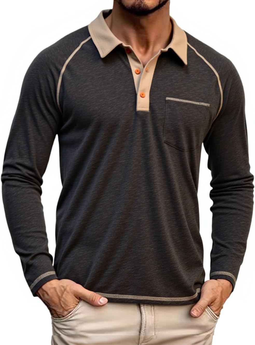 Mens Long Sleeve Polo Shirts with Pocket Fashion Casual Classic Collared Golf Shirt